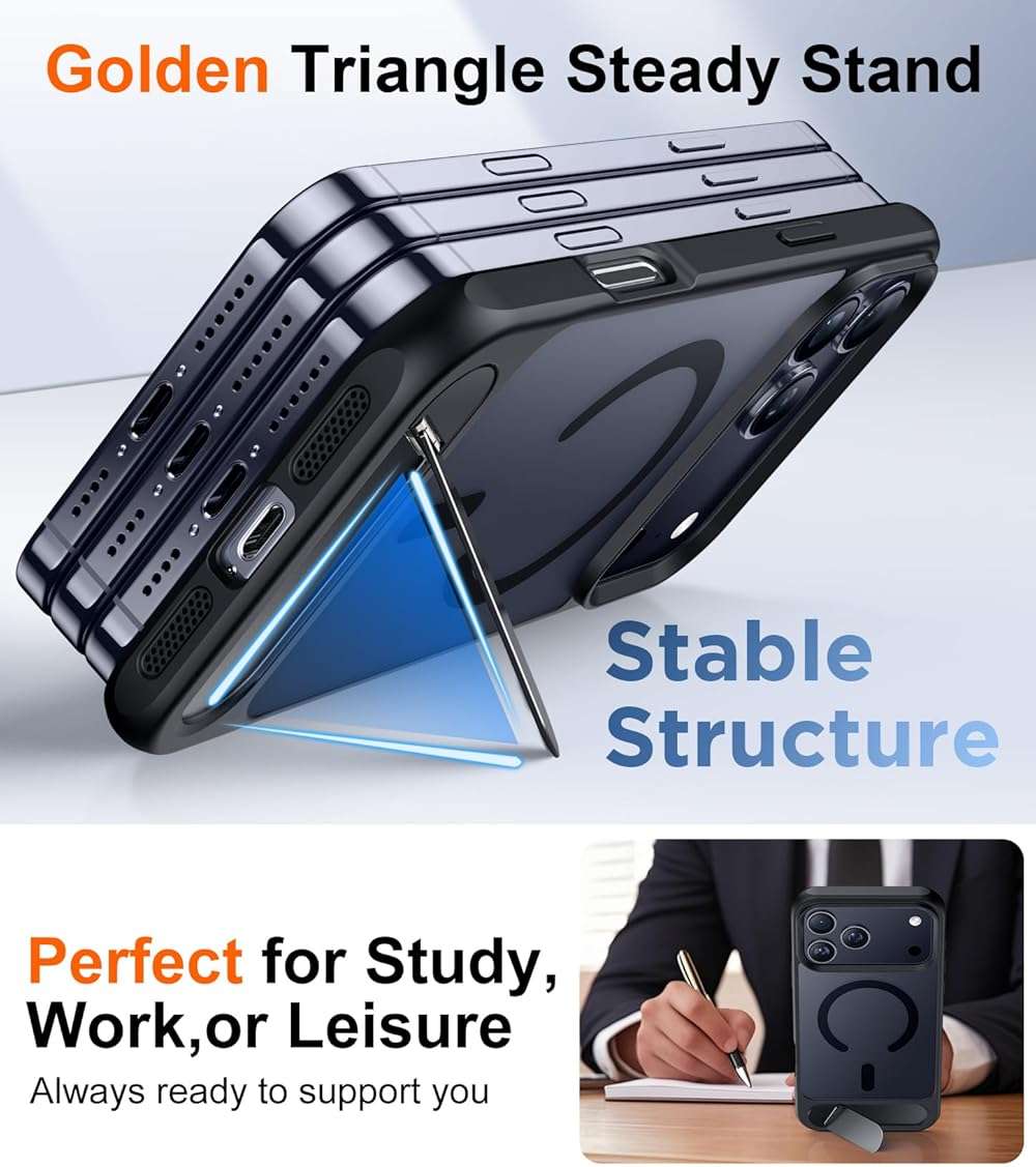 Temdan Designed for iPhone 17 Pro Max Case, [Built-in Invisible Kickstand][Compatible with MagSafe][Military Grade Shockproof] Slim Translucent Matte Phone Case for iPhone 17 Pro Max 6.9 inch (Black) - Image 4