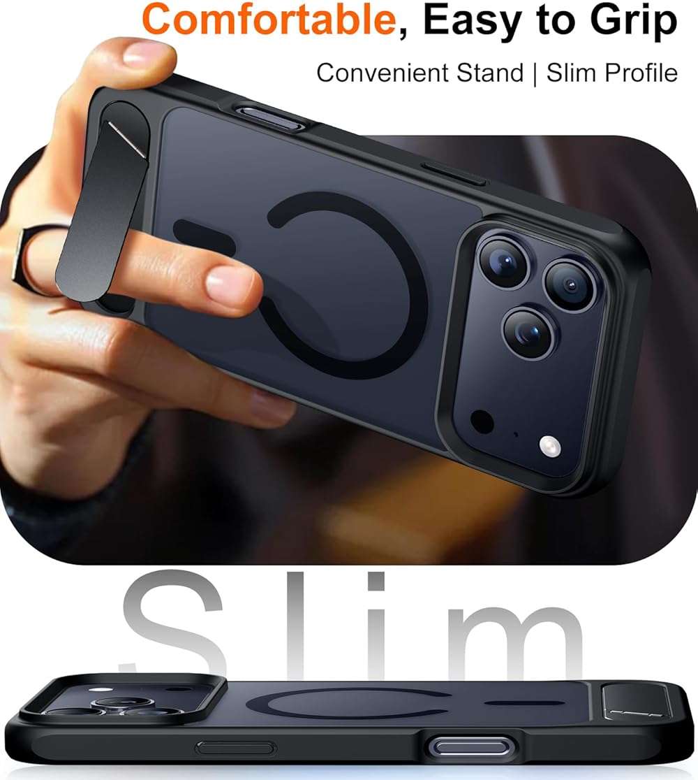 Temdan Designed for iPhone 17 Pro Max Case, [Built-in Invisible Kickstand][Compatible with MagSafe][Military Grade Shockproof] Slim Translucent Matte Phone Case for iPhone 17 Pro Max 6.9 inch (Black) - Image 6