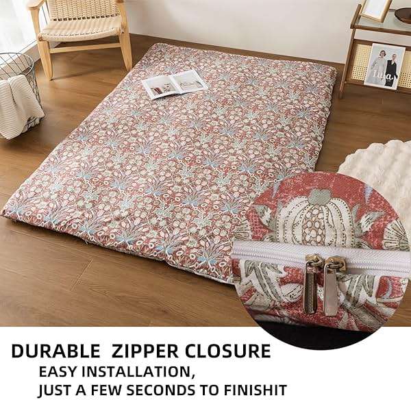 Arzocolia 100% Cotton Futon Cover for Japanese Futon Floor Mattress with Zipper Twin Full Queen Machine Washable Super Soft (Red Toned Flower, Full) - Image 3