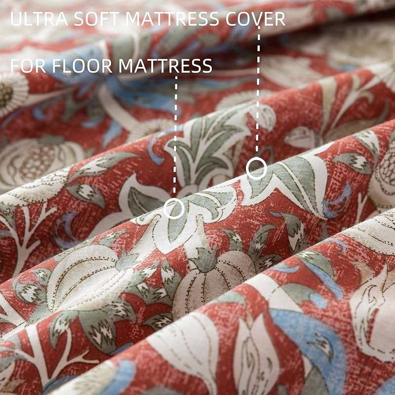 Arzocolia 100% Cotton Futon Cover for Japanese Futon Floor Mattress with Zipper Twin Full Queen Machine Washable Super Soft (Red Toned Flower, Full) - Image 4