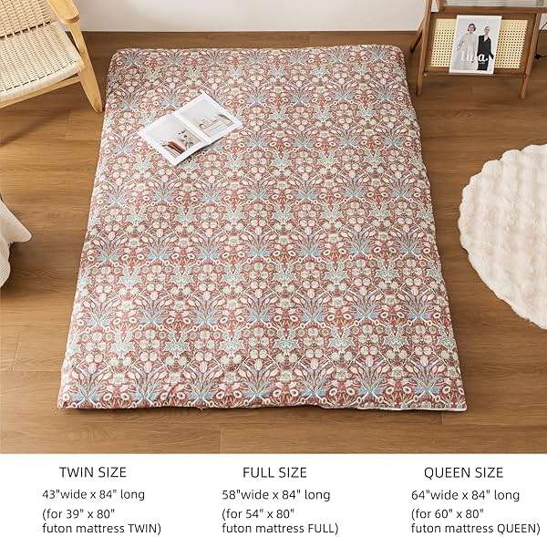 Arzocolia 100% Cotton Futon Cover for Japanese Futon Floor Mattress with Zipper Twin Full Queen Machine Washable Super Soft (Red Toned Flower, Full) - Image 6