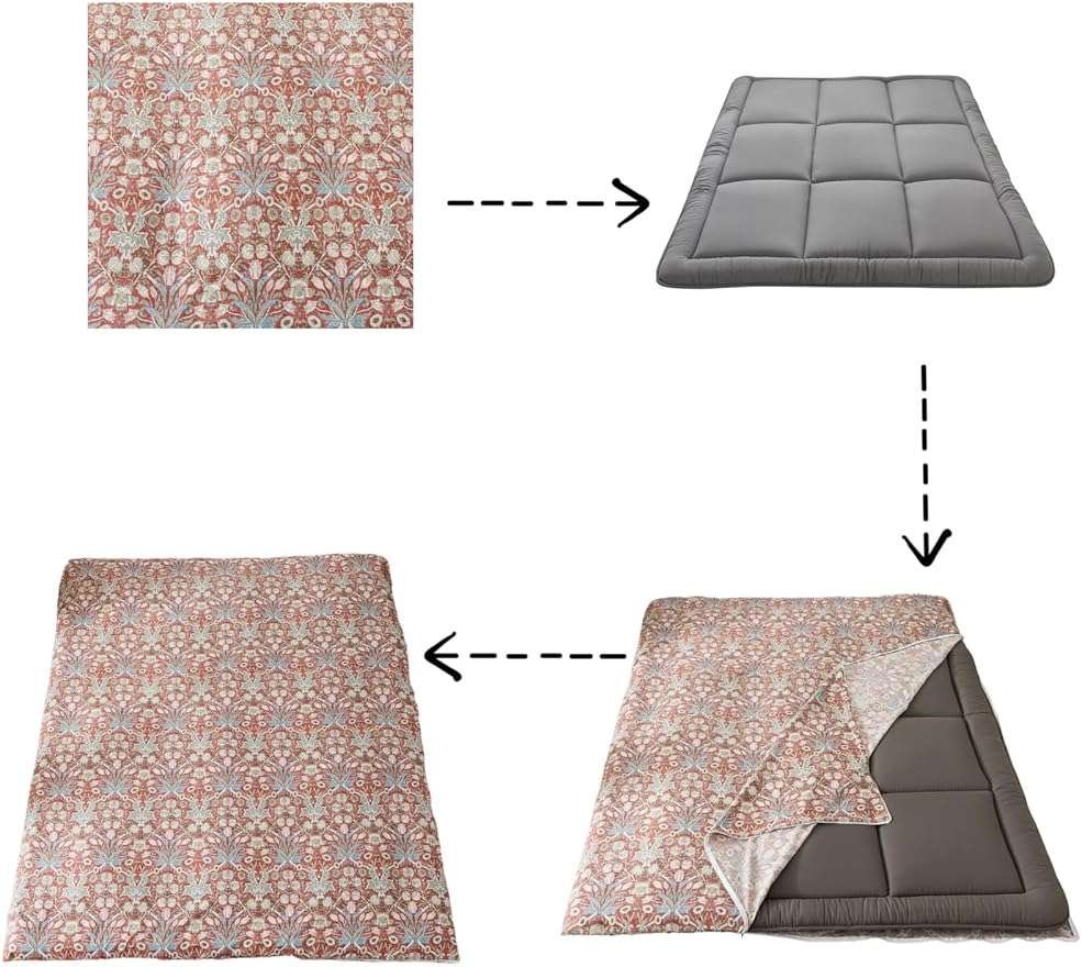 Arzocolia 100% Cotton Futon Cover for Japanese Futon Floor Mattress with Zipper Twin Full Queen Machine Washable Super Soft (Red Toned Flower, Full) - Image 7