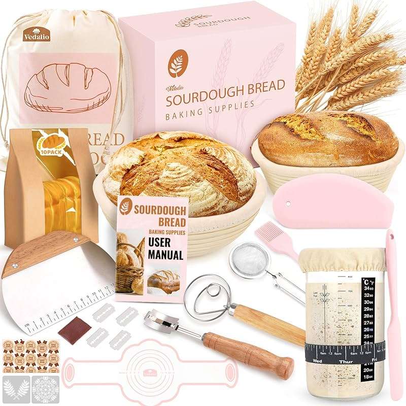 Sourdough Starter Kit, Sourdough Bread Baking Supplies, Sour Dough Starter Kits, Pink Sourdough Kit, Baking Gifts for Women, Bread Proofing Basket, Sour Dough Bread Making Kit Tools Baking Set - Image 1