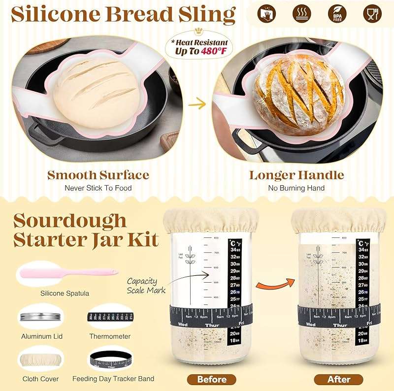 Sourdough Starter Kit, Sourdough Bread Baking Supplies, Sour Dough Starter Kits, Pink Sourdough Kit, Baking Gifts for Women, Bread Proofing Basket, Sour Dough Bread Making Kit Tools Baking Set - Image 4