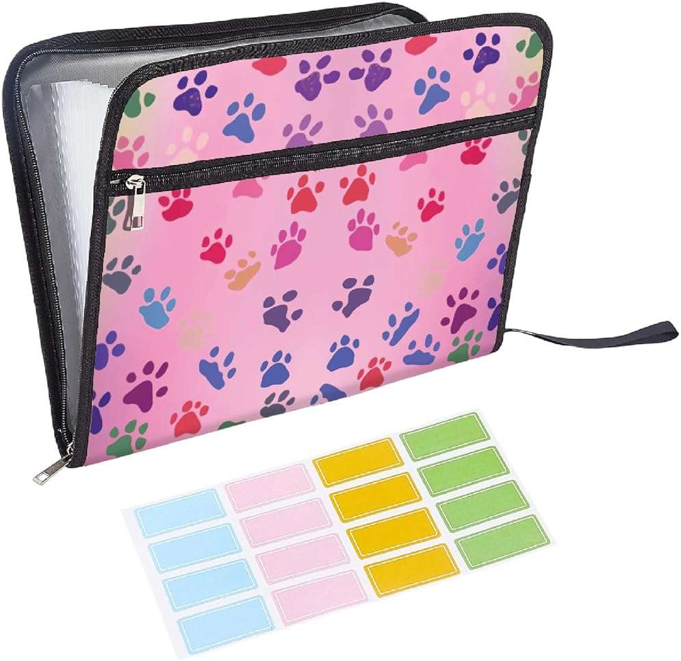 CRASPIRE 13 Pockets Expanding File Folder Letter Size A4 Zipper Pouch Pink Cute Paw Print Accordion Document Organizer with Sticky Labels Papers Expandable Filing Keeper Storage for Home School Office - Image 1