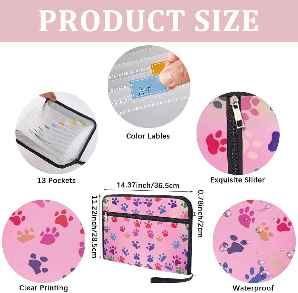 CRASPIRE 13 Pockets Expanding File Folder Letter Size A4 Zipper Pouch Pink Cute Paw Print Accordion Document Organizer with Sticky Labels Papers Expandable Filing Keeper Storage for Home School Office - Image 3