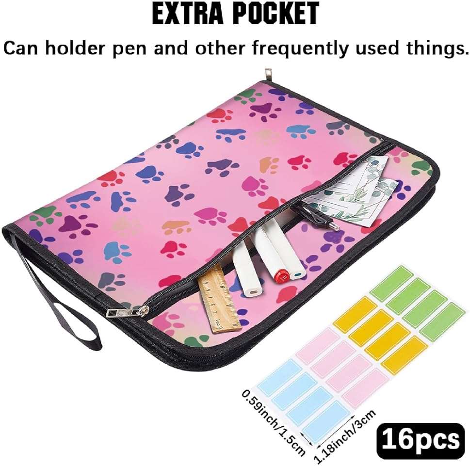 CRASPIRE 13 Pockets Expanding File Folder Letter Size A4 Zipper Pouch Pink Cute Paw Print Accordion Document Organizer with Sticky Labels Papers Expandable Filing Keeper Storage for Home School Office - Image 4