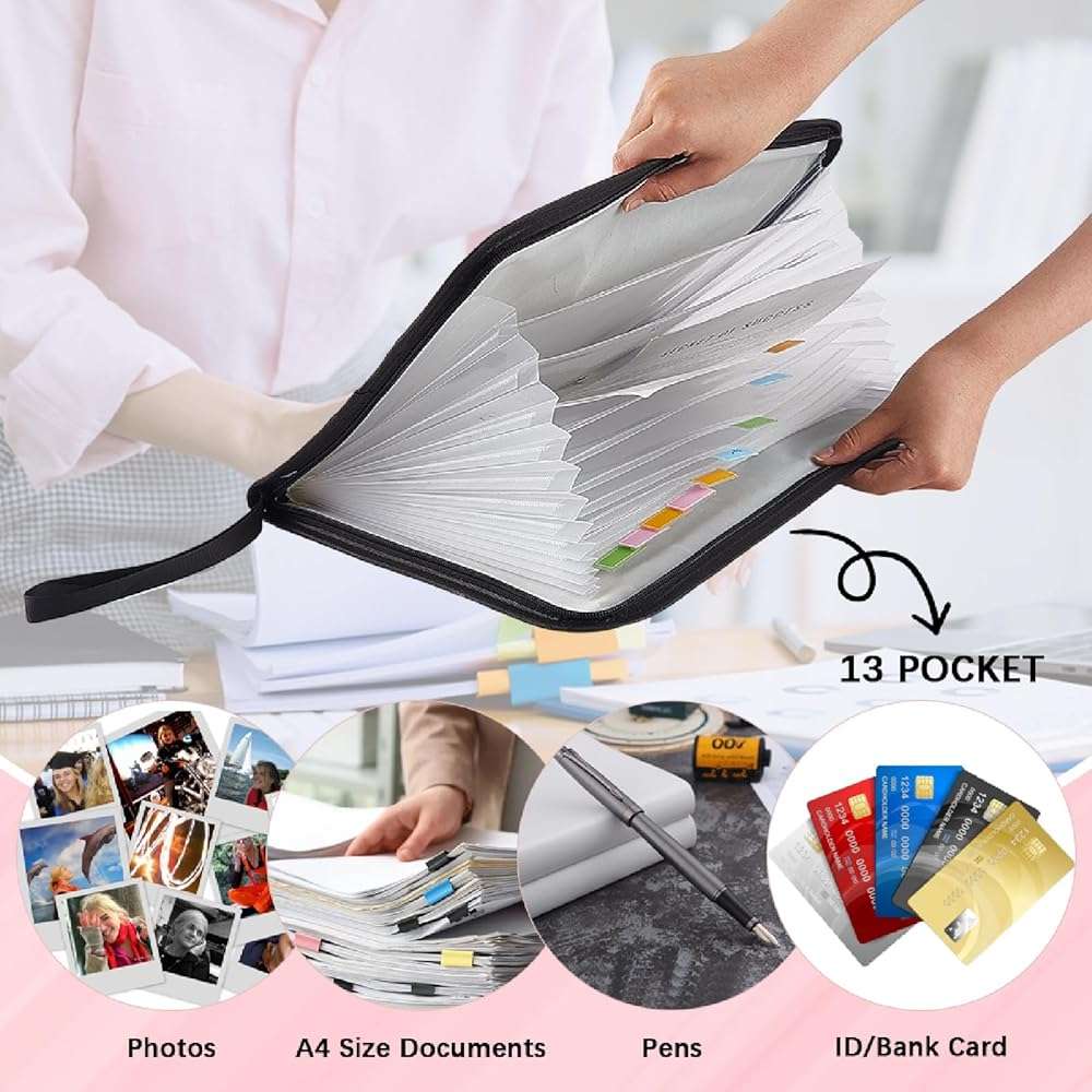CRASPIRE 13 Pockets Expanding File Folder Letter Size A4 Zipper Pouch Pink Cute Paw Print Accordion Document Organizer with Sticky Labels Papers Expandable Filing Keeper Storage for Home School Office - Image 5