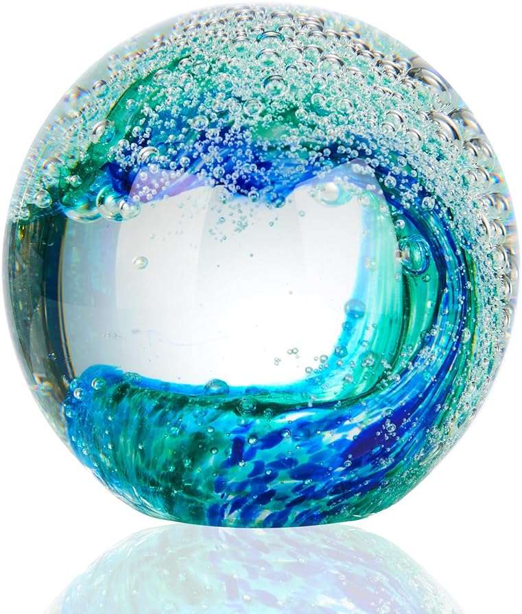 XLSJGYP Crystal Ball Blown sea Glass Art Ornament Collectible Blue Waves Paperweight Figurines Spere Statues for Home Office Decor a Gift for Ocean Lovers Perfect for Men Women (Blue-Crystal Ball) - Image 1