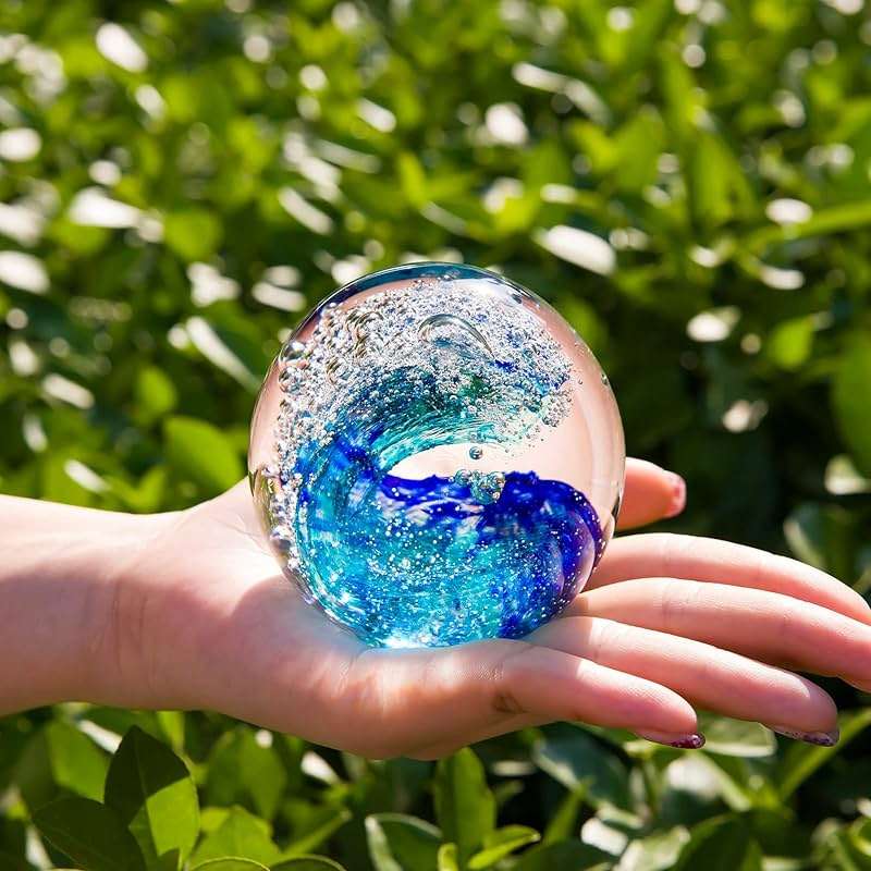 XLSJGYP Crystal Ball Blown sea Glass Art Ornament Collectible Blue Waves Paperweight Figurines Spere Statues for Home Office Decor a Gift for Ocean Lovers Perfect for Men Women (Blue-Crystal Ball) - Image 4