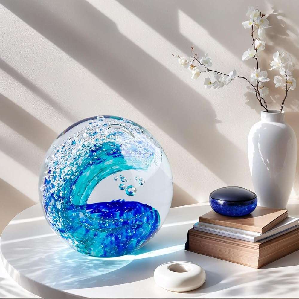 XLSJGYP Crystal Ball Blown sea Glass Art Ornament Collectible Blue Waves Paperweight Figurines Spere Statues for Home Office Decor a Gift for Ocean Lovers Perfect for Men Women (Blue-Crystal Ball) - Image 6
