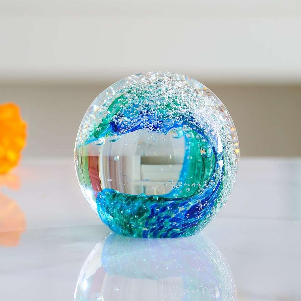 XLSJGYP Crystal Ball Blown sea Glass Art Ornament Collectible Blue Waves Paperweight Figurines Spere Statues for Home Office Decor a Gift for Ocean Lovers Perfect for Men Women (Blue-Crystal Ball) - Image 7