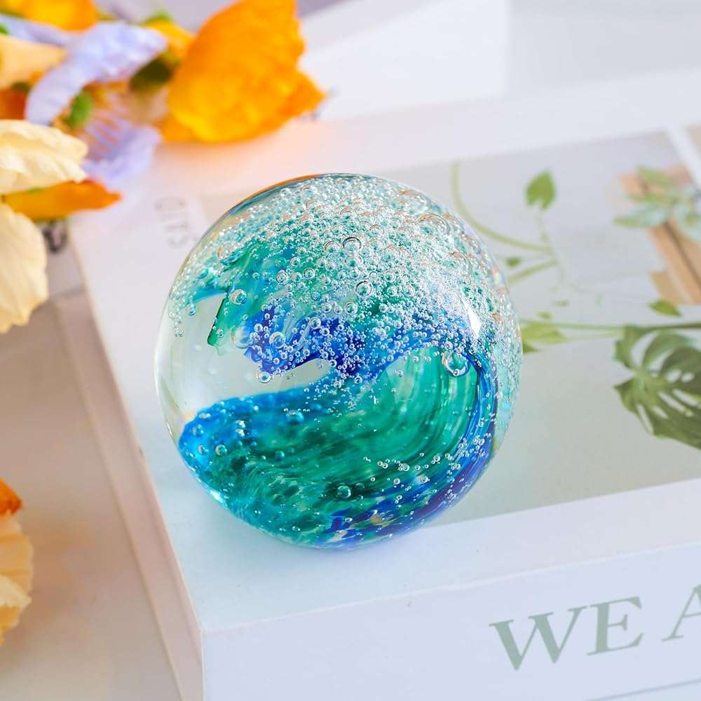 XLSJGYP Crystal Ball Blown sea Glass Art Ornament Collectible Blue Waves Paperweight Figurines Spere Statues for Home Office Decor a Gift for Ocean Lovers Perfect for Men Women (Blue-Crystal Ball) - Image 8