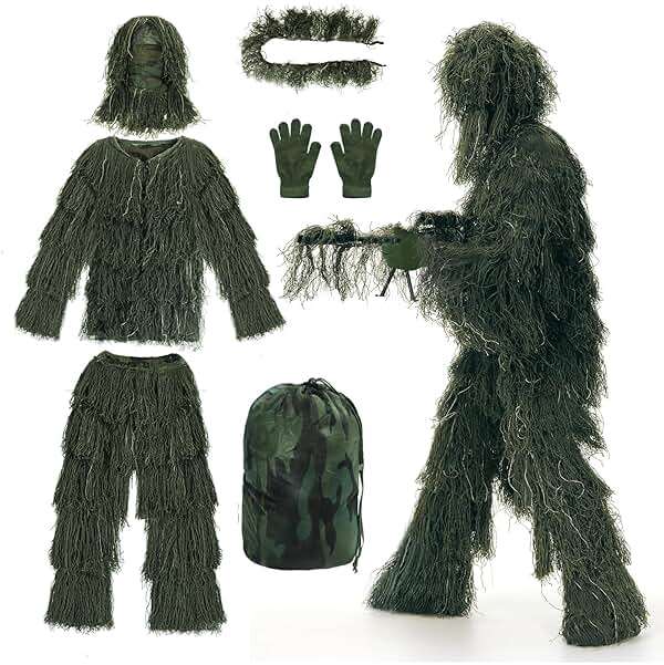 Alnintte 6 in 1 Ghillie Suit,3D Hunting Camouflage Halloween Costume Including Jacket,Pants,Hood,Glove Suitable for Men Teens - Image 1