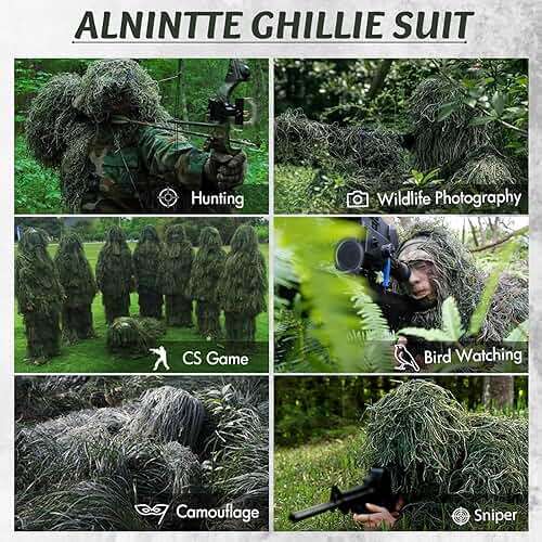 Alnintte 6 in 1 Ghillie Suit,3D Hunting Camouflage Halloween Costume Including Jacket,Pants,Hood,Glove Suitable for Men Teens - Image 2