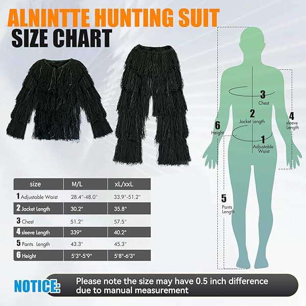 Alnintte 6 in 1 Ghillie Suit,3D Hunting Camouflage Halloween Costume Including Jacket,Pants,Hood,Glove Suitable for Men Teens - Image 3