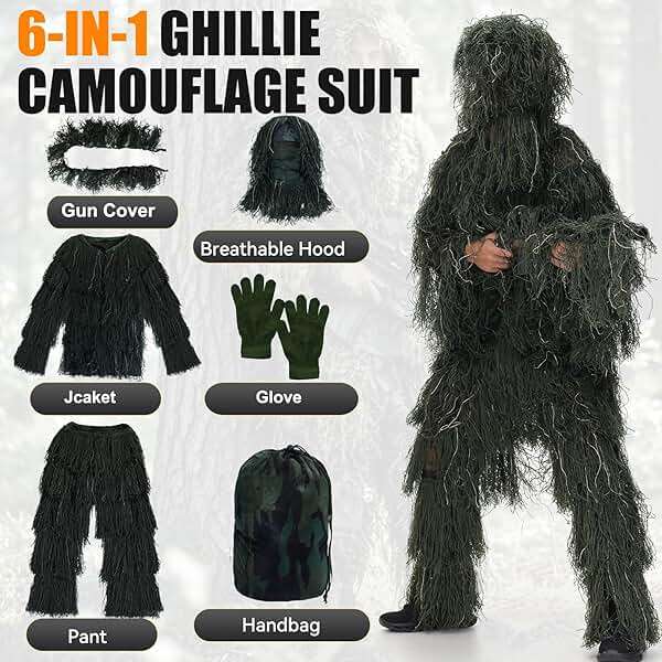 Alnintte 6 in 1 Ghillie Suit,3D Hunting Camouflage Halloween Costume Including Jacket,Pants,Hood,Glove Suitable for Men Teens - Image 5
