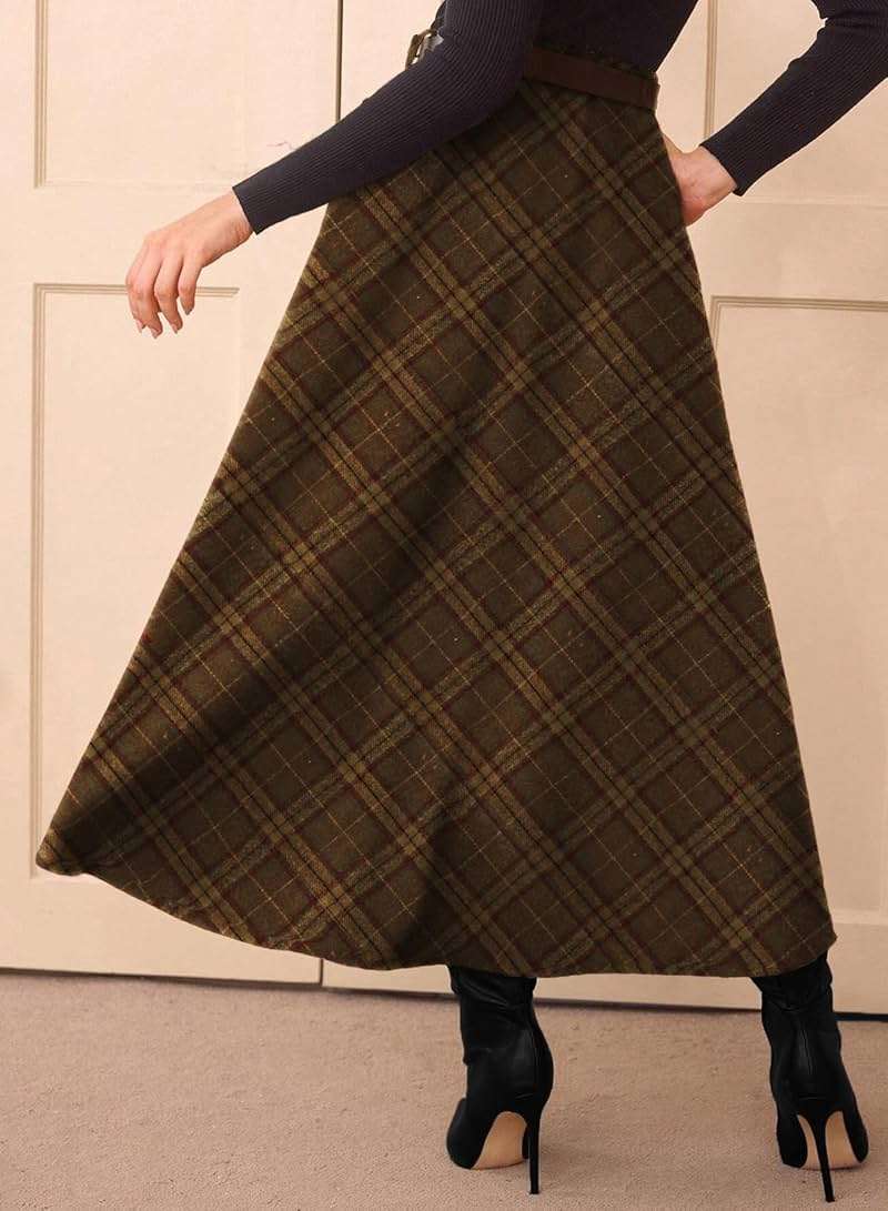 Pink Queen Plaid Skirts for Women 2026 Flared Vintage High Waist A Line Midi Tartan Skirts with Pockets - Image 2