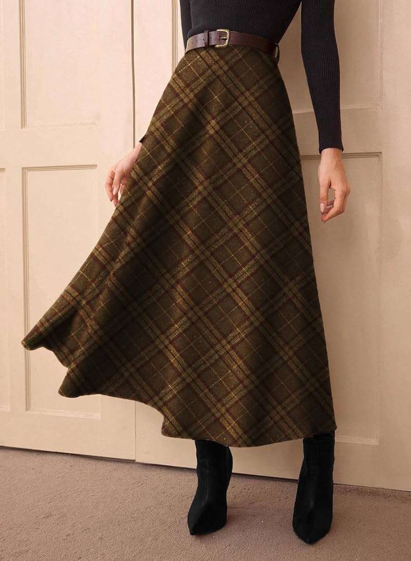 Pink Queen Plaid Skirts for Women 2026 Flared Vintage High Waist A Line Midi Tartan Skirts with Pockets - Image 3