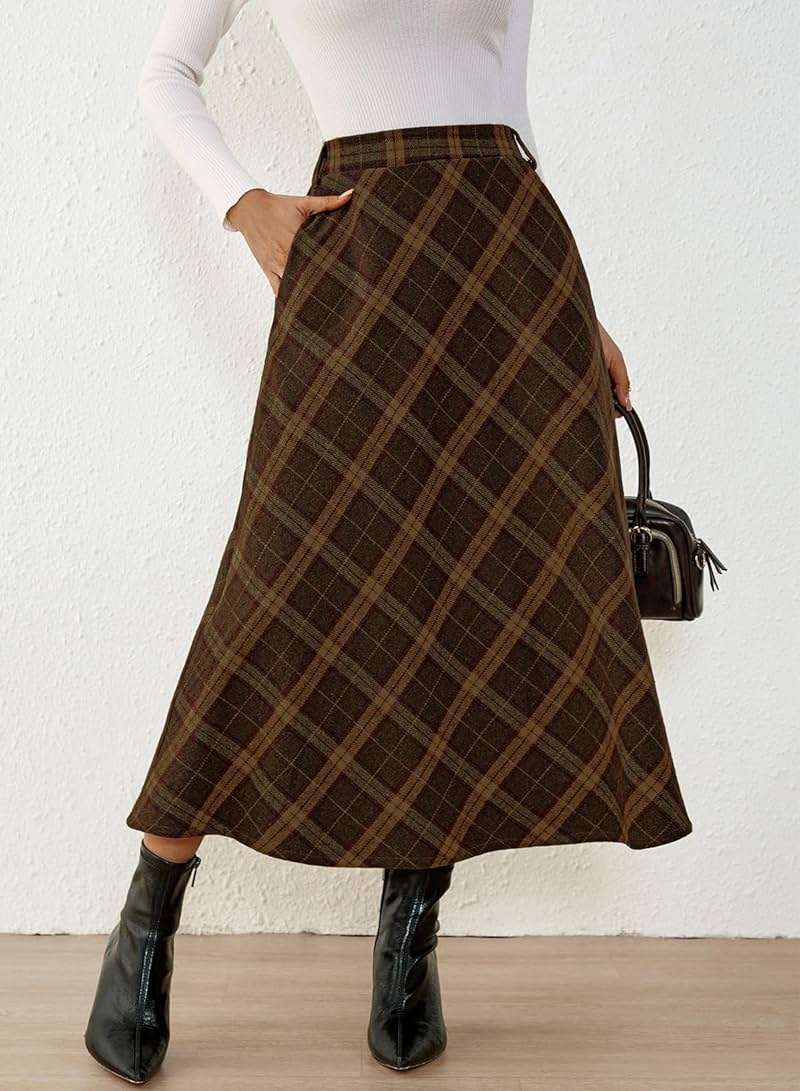 Pink Queen Plaid Skirts for Women 2026 Flared Vintage High Waist A Line Midi Tartan Skirts with Pockets - Image 4