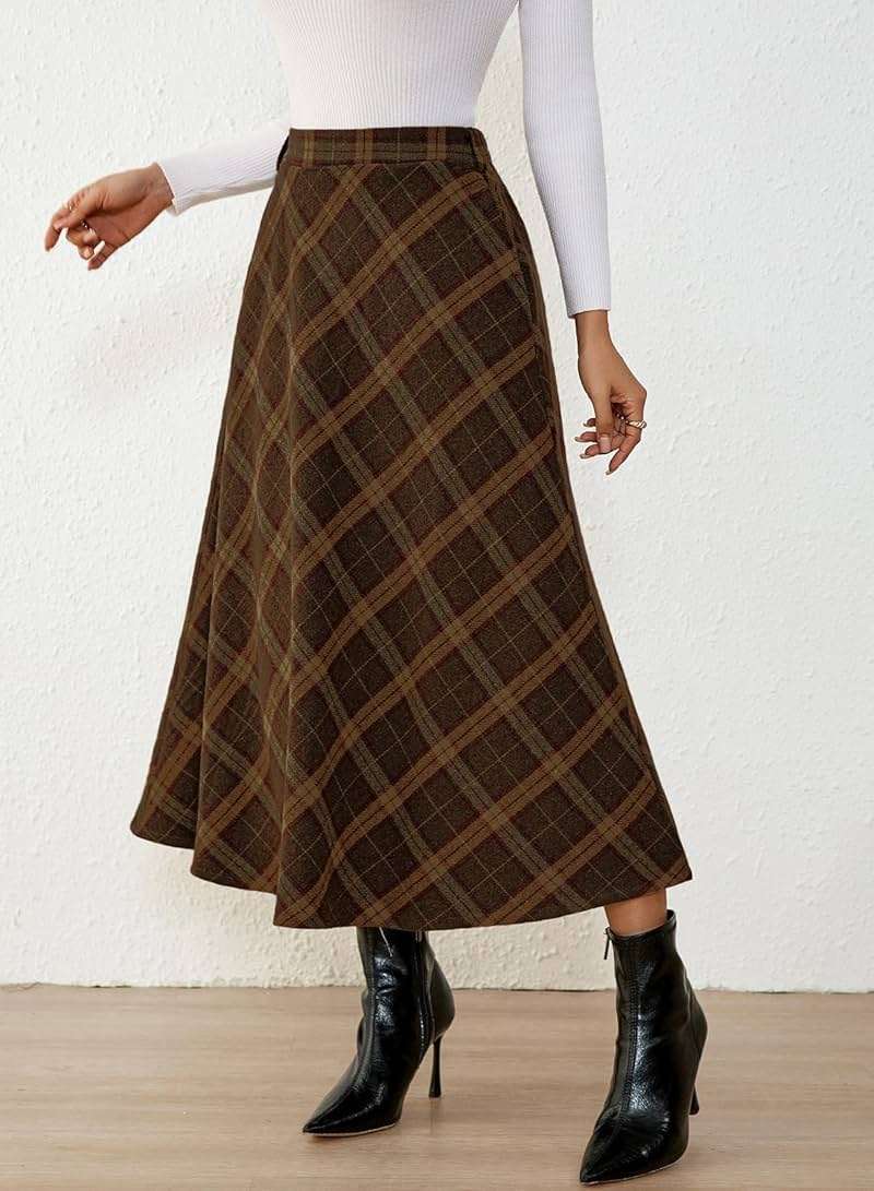 Pink Queen Plaid Skirts for Women 2026 Flared Vintage High Waist A Line Midi Tartan Skirts with Pockets - Image 6