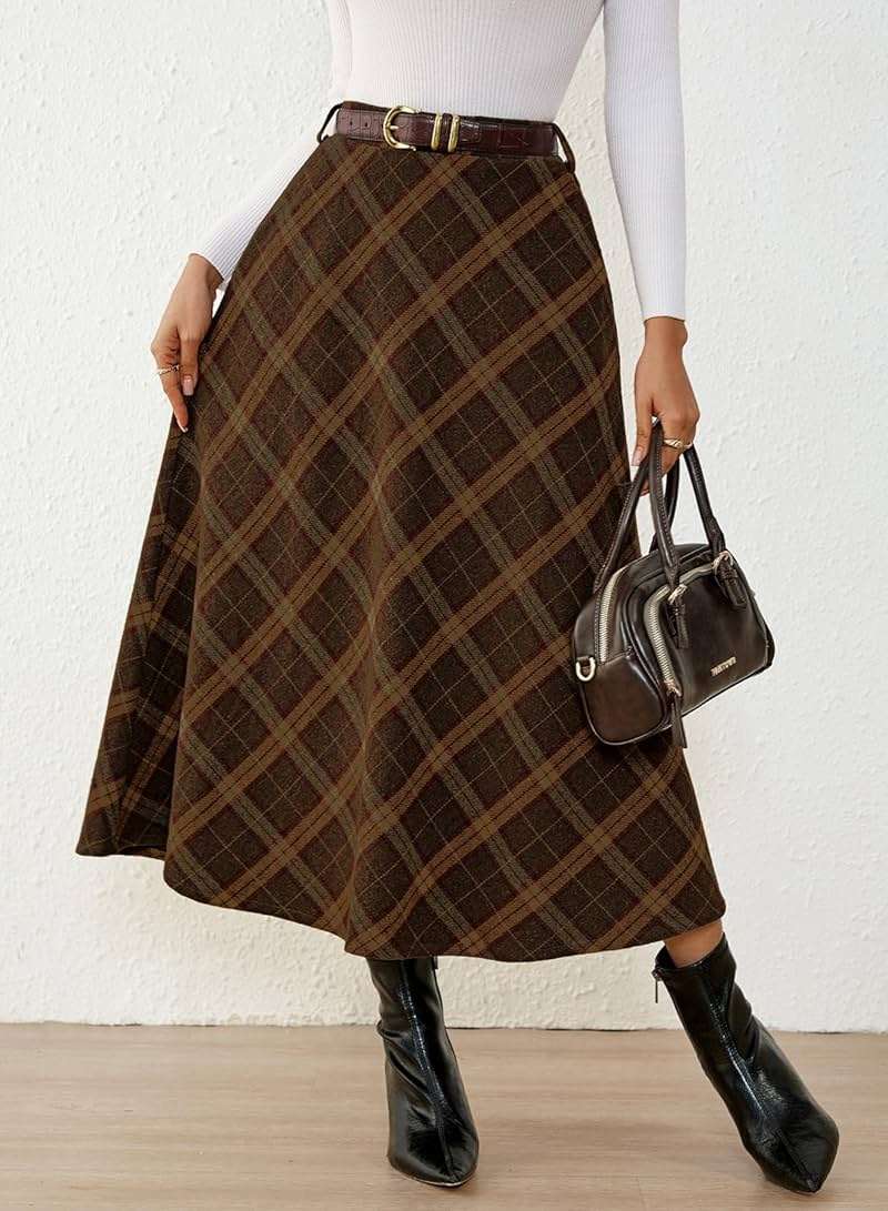 Pink Queen Plaid Skirts for Women 2026 Flared Vintage High Waist A Line Midi Tartan Skirts with Pockets - Image 7