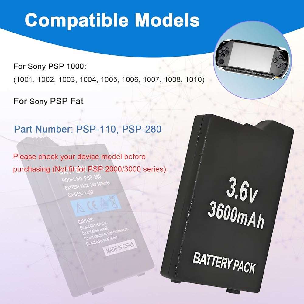 ROYEUEU for Sony PSP 1000 1001 Battery: 3.6V 3600mAh Battery Pack Model PSP-110 PSP-280 for Sony PSP1000 PSP1001 PSP Fat Game Console - Image 2