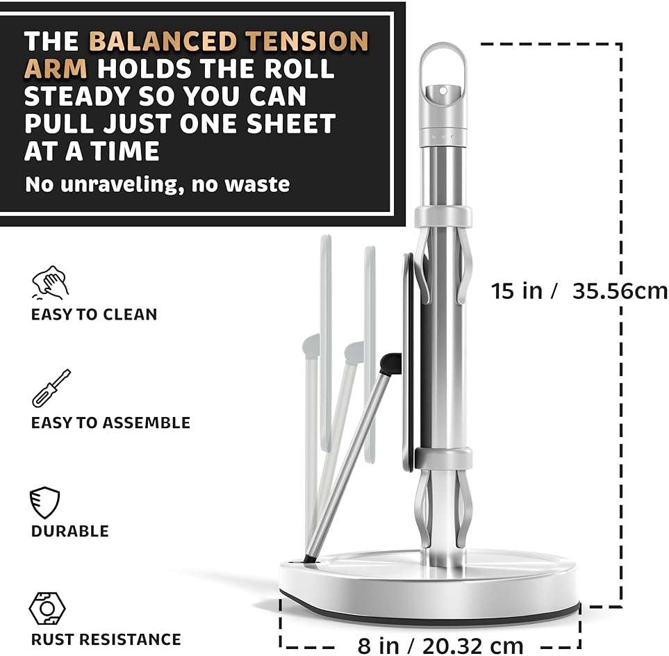 Stainless Steel Paper Towel Holder with Spray Pump – One-Handed Tear, Smart Traction System with Heavy Duty Suction Cups (Silver, Tension Arm with Spray Pump) - Image 3