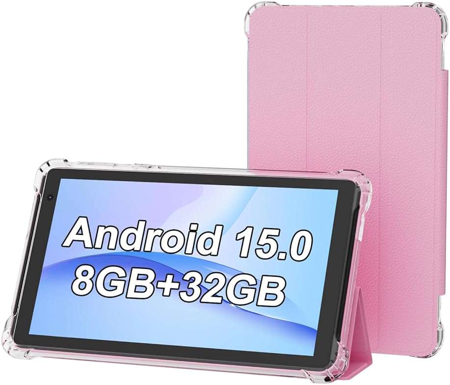 PEICHENG Tablet with Protective Case, 7" IPS 1024 * 600 Android 15.0 Tab PC RAM 8GB(3+5Expand)+ROM 32GB Bluetooth 5.0 WiFi6 2.4G+5G 2MP+5MP Dual Cameras (Pink) - Image 1