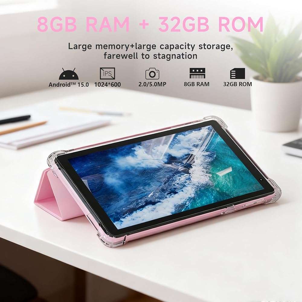 PEICHENG Tablet with Protective Case, 7" IPS 1024 * 600 Android 15.0 Tab PC RAM 8GB(3+5Expand)+ROM 32GB Bluetooth 5.0 WiFi6 2.4G+5G 2MP+5MP Dual Cameras (Pink) - Image 5