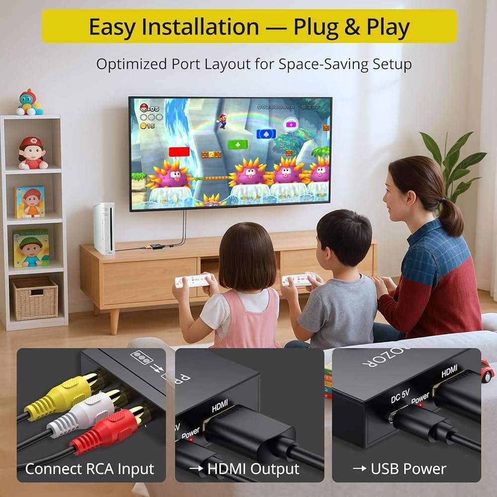 PROZOR RCA to HDMI Converter - 4:3/16:9 Switch, 1080P AV to HDMI Adapter, Mini Composite CVBS Audio Video Adapter, for PS1/PS2/N64/Wii/Xbox and VCR/VHS/DVD Players to HDTV, Plug & Play - Image 5