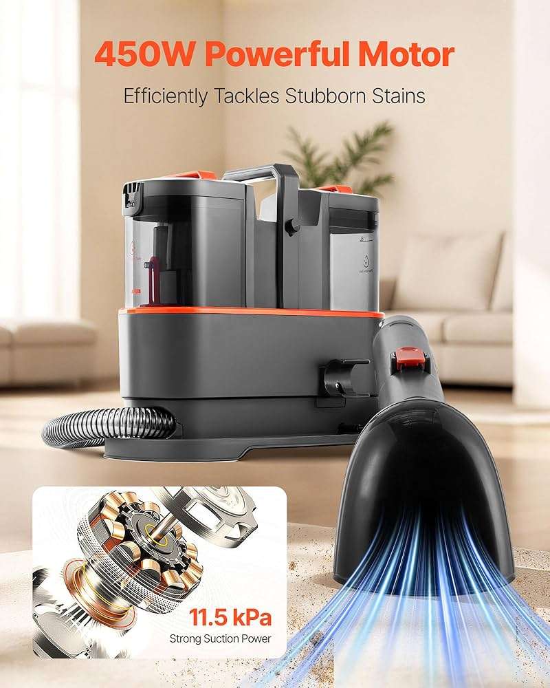 VEVOR Carpet Cleaner Machine, 50.72 oz Clean Water Tank & 27.05 oz Dirty Water Tank, Portable Upholstery Shampooer, 11.5Kpa Handheld Furniture Extractor, Spot and Stain Deep Cleaner for Rug Couch Car - Image 4