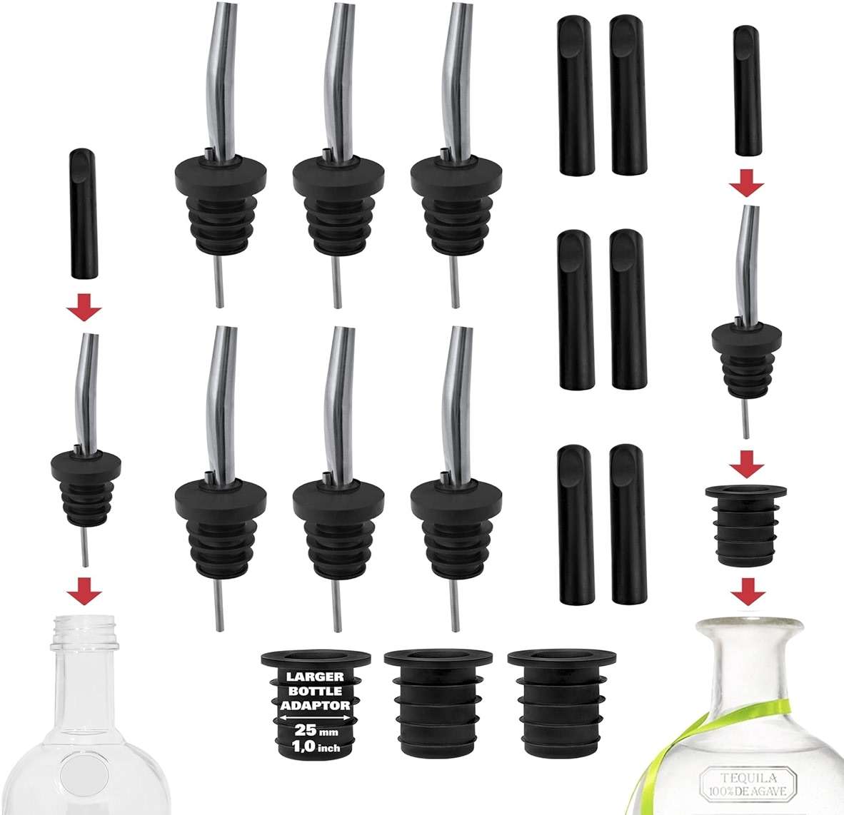 Stainless Steel Liquor Bar Bottle Pourers - Drip-Free Nozzle - Pour Spouts for Alcohol & Bartending - Universal Fit Speed Spout - Rust-Free & Easy Clean - Chrome (6 Pack) - Image 1