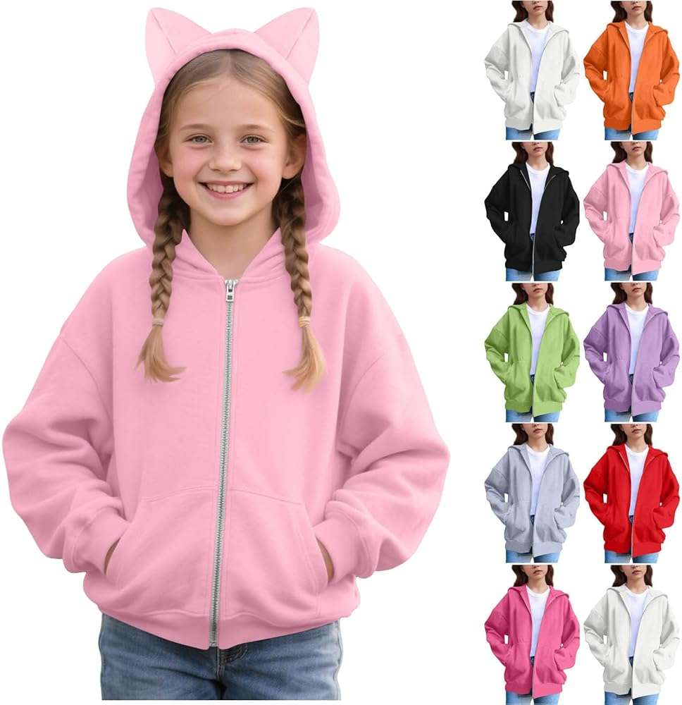 Girls Zip Up Hoodies Size 10-12 Fall Cute Cat Ear Oversize Hoodie Jackets Casual Long Sleeve Hood Sweatshirt Coat - Image 1