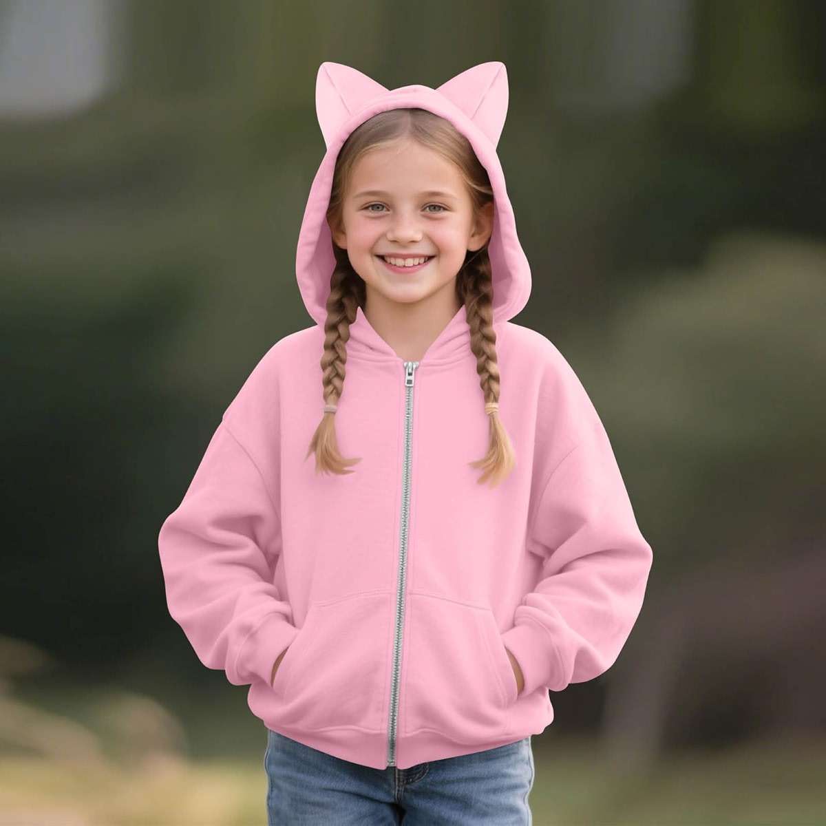 Girls Zip Up Hoodies Size 10-12 Fall Cute Cat Ear Oversize Hoodie Jackets Casual Long Sleeve Hood Sweatshirt Coat - Image 5