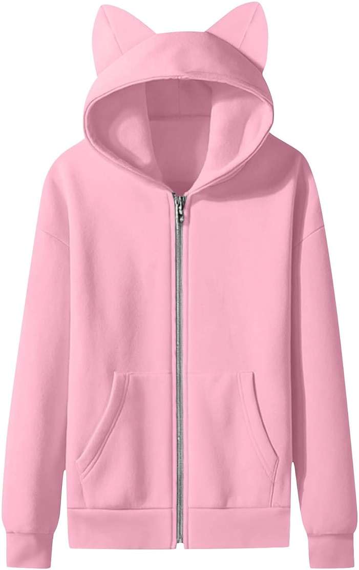 Girls Zip Up Hoodies Size 10-12 Fall Cute Cat Ear Oversize Hoodie Jackets Casual Long Sleeve Hood Sweatshirt Coat - Image 7