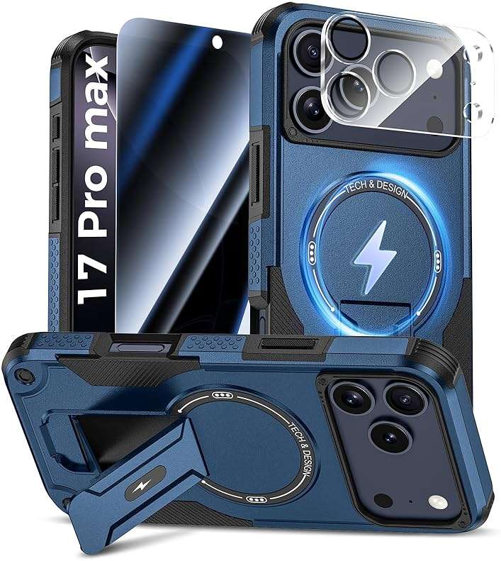 Goton for iPhone 17 Pro Max Case with Privacy Tempered Glass Screen Protector & Camera Lens Protector, Compatible with MagSafe, Invisible Kickstand, Shockproof Phone Cover, Blue - Image 1