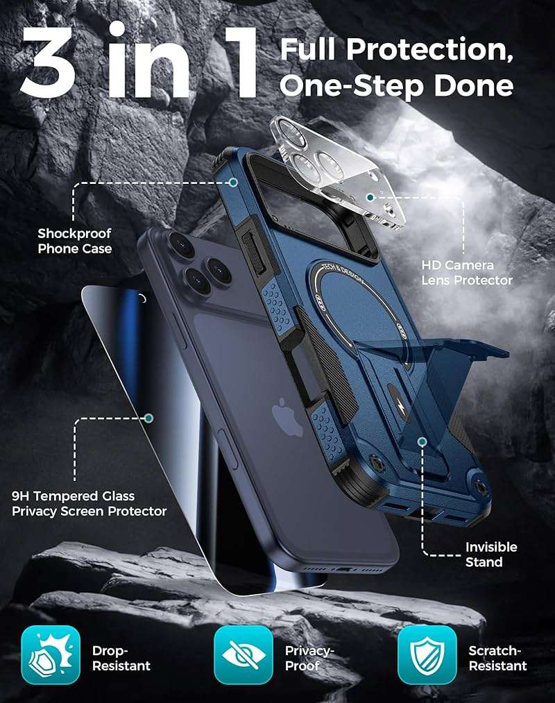 Goton for iPhone 17 Pro Max Case with Privacy Tempered Glass Screen Protector & Camera Lens Protector, Compatible with MagSafe, Invisible Kickstand, Shockproof Phone Cover, Blue - Image 3