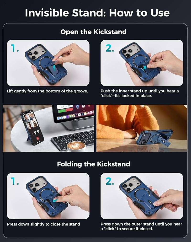 Goton for iPhone 17 Pro Max Case with Privacy Tempered Glass Screen Protector & Camera Lens Protector, Compatible with MagSafe, Invisible Kickstand, Shockproof Phone Cover, Blue - Image 8