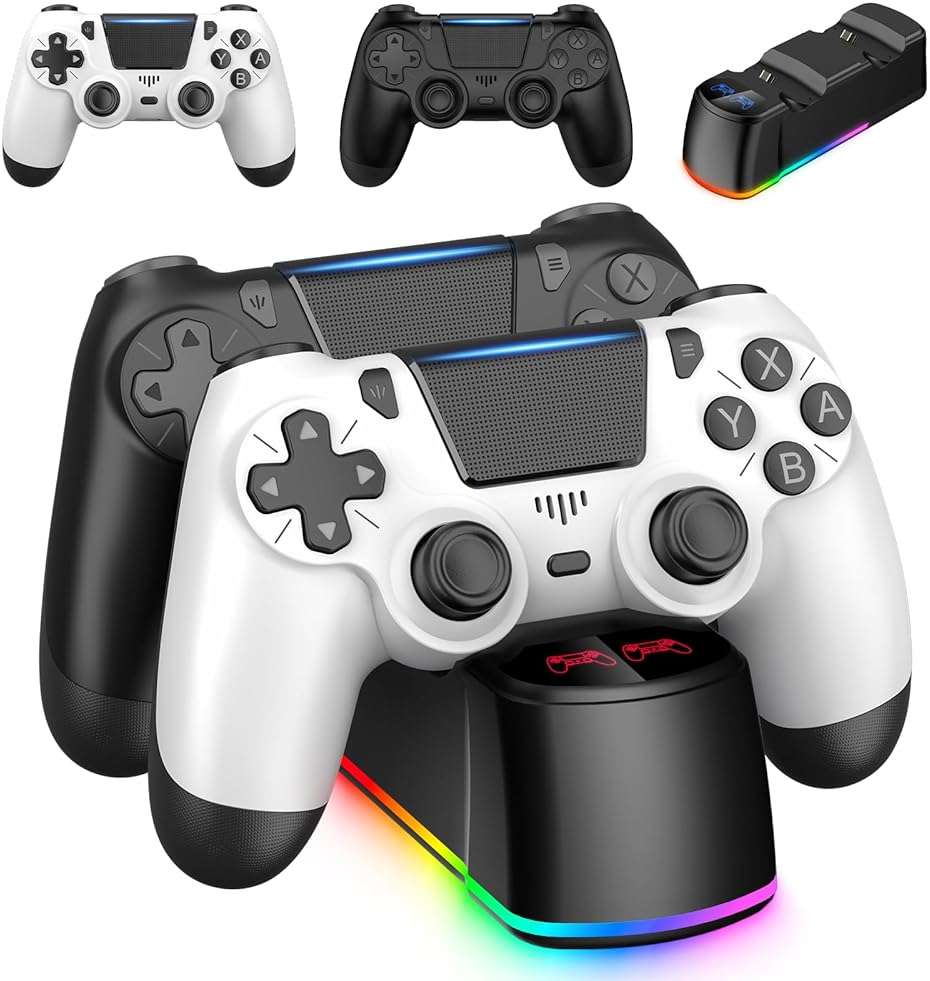 ewnol 2 Pack Controllers with Charging Dock Station for PS4 Controller, Wireless Controller Compatible with PS4/Pro/Slim Consoles, with LED Charging Dock, Black & White - Image 1