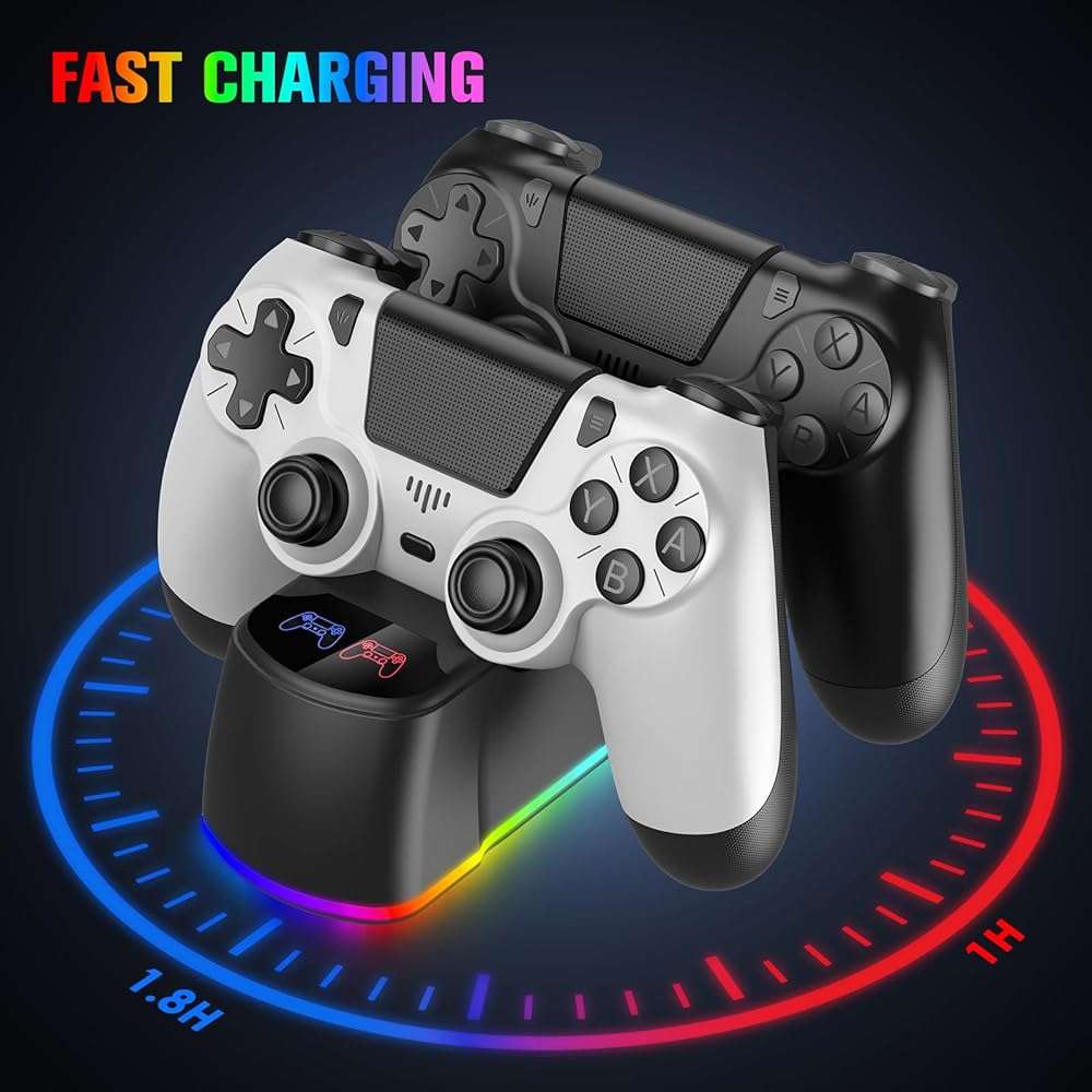 ewnol 2 Pack Controllers with Charging Dock Station for PS4 Controller, Wireless Controller Compatible with PS4/Pro/Slim Consoles, with LED Charging Dock, Black & White - Image 4