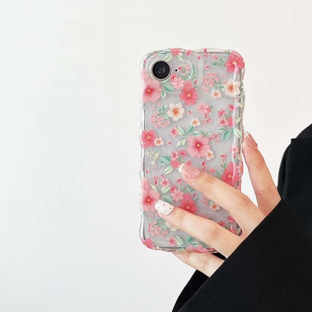 RALEAVO for iPhone 17e Case/iPhone 16e Case Cute Floral Pattern Design,Clear Curly Wave Frame Cover for Women,Soft Shockproof Anti-Slip Protective Case for iPhone 16e/17e,Pink Flowers - Image 1