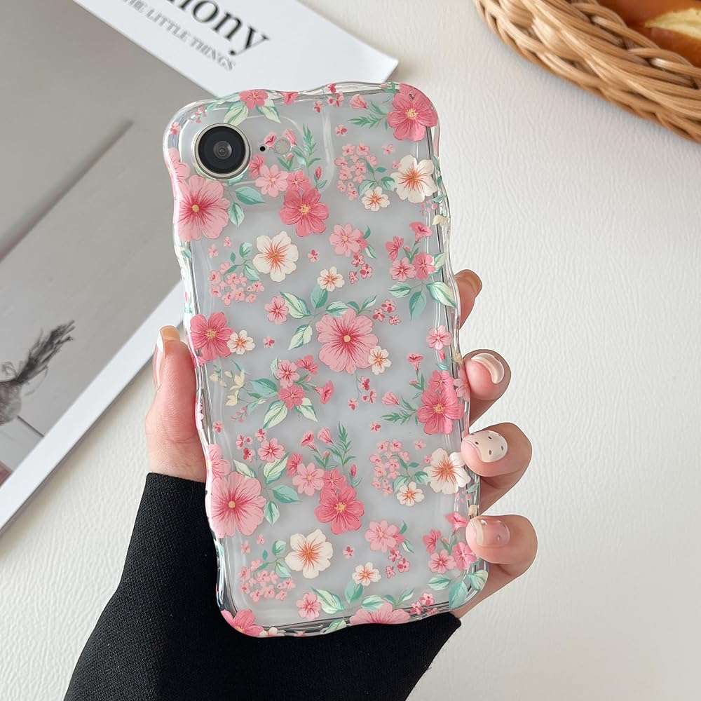 RALEAVO for iPhone 17e Case/iPhone 16e Case Cute Floral Pattern Design,Clear Curly Wave Frame Cover for Women,Soft Shockproof Anti-Slip Protective Case for iPhone 16e/17e,Pink Flowers - Image 3