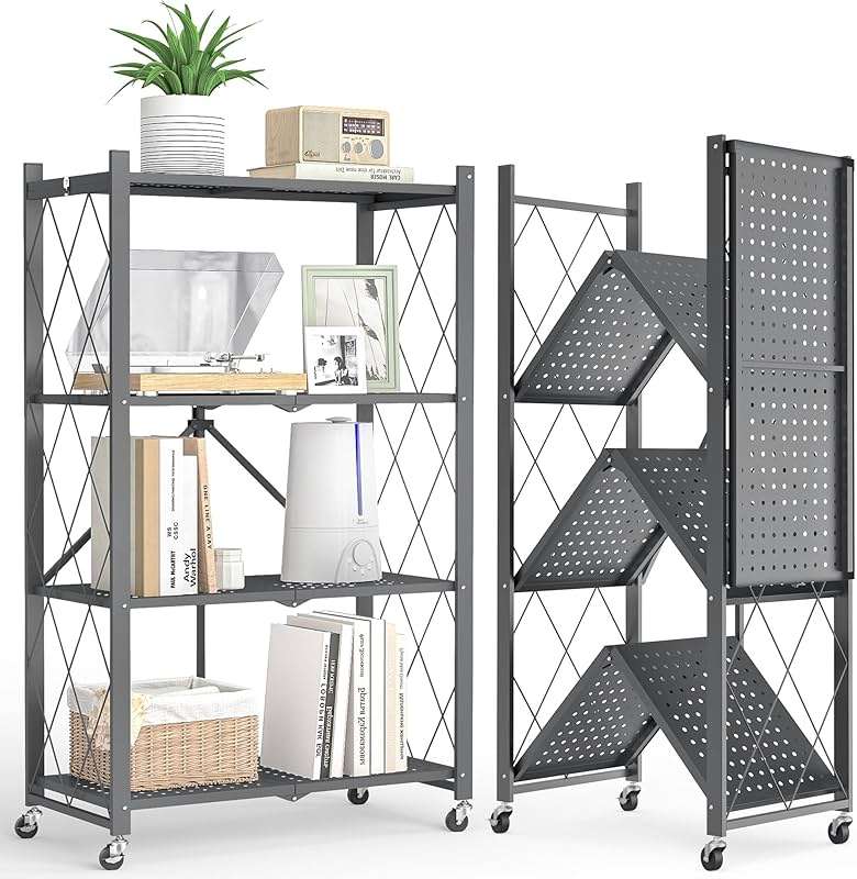Fenbeli 4-Tier Folding Metal Storage Shelf with Wheels, No Assembly Organizer Rack, Heavy Duty Collapsible Shelving Unit for Garage, Kitchen, Basement, Pantry, Living Room(New Upgrade - Gray, 4 Tier) - Image 1