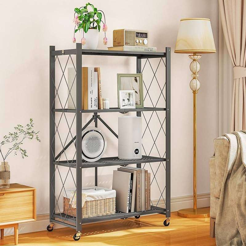 Fenbeli 4-Tier Folding Metal Storage Shelf with Wheels, No Assembly Organizer Rack, Heavy Duty Collapsible Shelving Unit for Garage, Kitchen, Basement, Pantry, Living Room(New Upgrade - Gray, 4 Tier) - Image 2