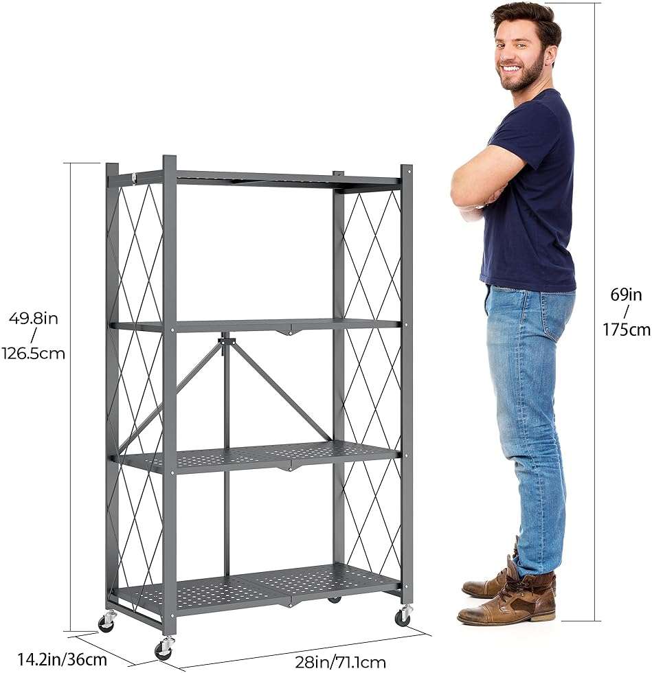 Fenbeli 4-Tier Folding Metal Storage Shelf with Wheels, No Assembly Organizer Rack, Heavy Duty Collapsible Shelving Unit for Garage, Kitchen, Basement, Pantry, Living Room(New Upgrade - Gray, 4 Tier) - Image 3