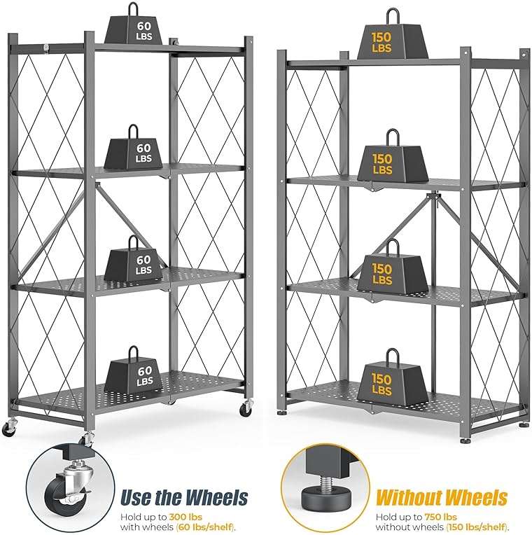 Fenbeli 4-Tier Folding Metal Storage Shelf with Wheels, No Assembly Organizer Rack, Heavy Duty Collapsible Shelving Unit for Garage, Kitchen, Basement, Pantry, Living Room(New Upgrade - Gray, 4 Tier) - Image 4