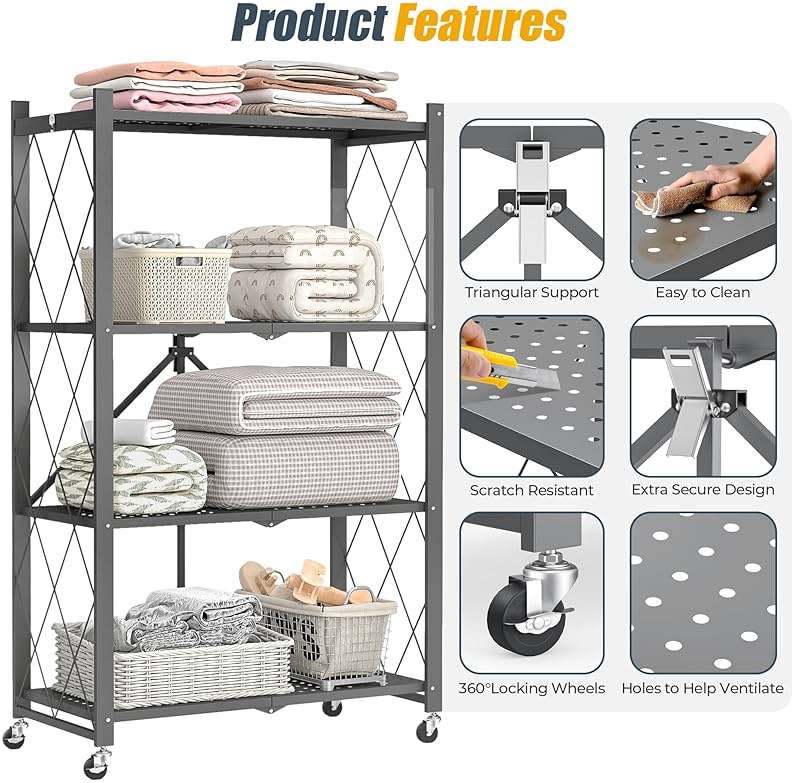 Fenbeli 4-Tier Folding Metal Storage Shelf with Wheels, No Assembly Organizer Rack, Heavy Duty Collapsible Shelving Unit for Garage, Kitchen, Basement, Pantry, Living Room(New Upgrade - Gray, 4 Tier) - Image 5