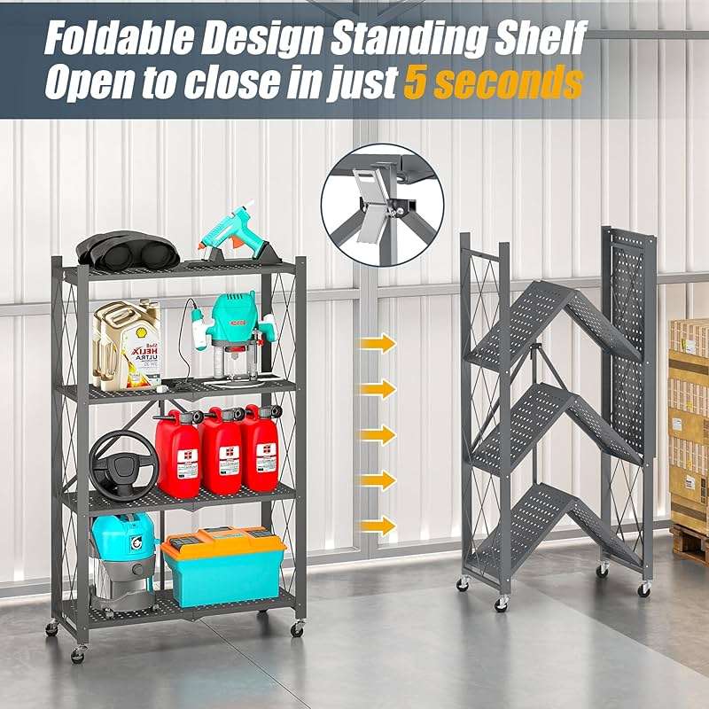 Fenbeli 4-Tier Folding Metal Storage Shelf with Wheels, No Assembly Organizer Rack, Heavy Duty Collapsible Shelving Unit for Garage, Kitchen, Basement, Pantry, Living Room(New Upgrade - Gray, 4 Tier) - Image 6