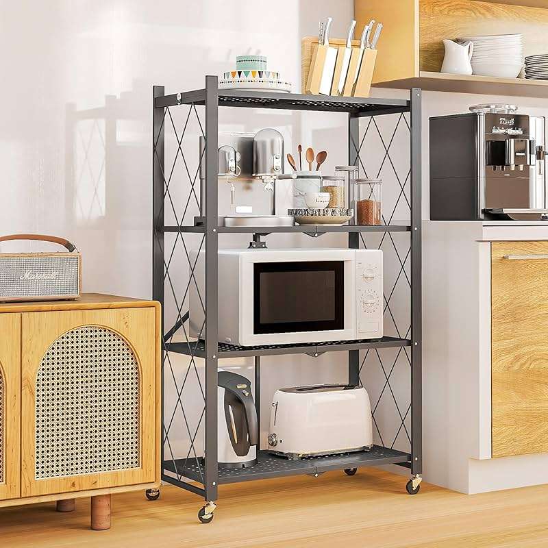 Fenbeli 4-Tier Folding Metal Storage Shelf with Wheels, No Assembly Organizer Rack, Heavy Duty Collapsible Shelving Unit for Garage, Kitchen, Basement, Pantry, Living Room(New Upgrade - Gray, 4 Tier) - Image 7